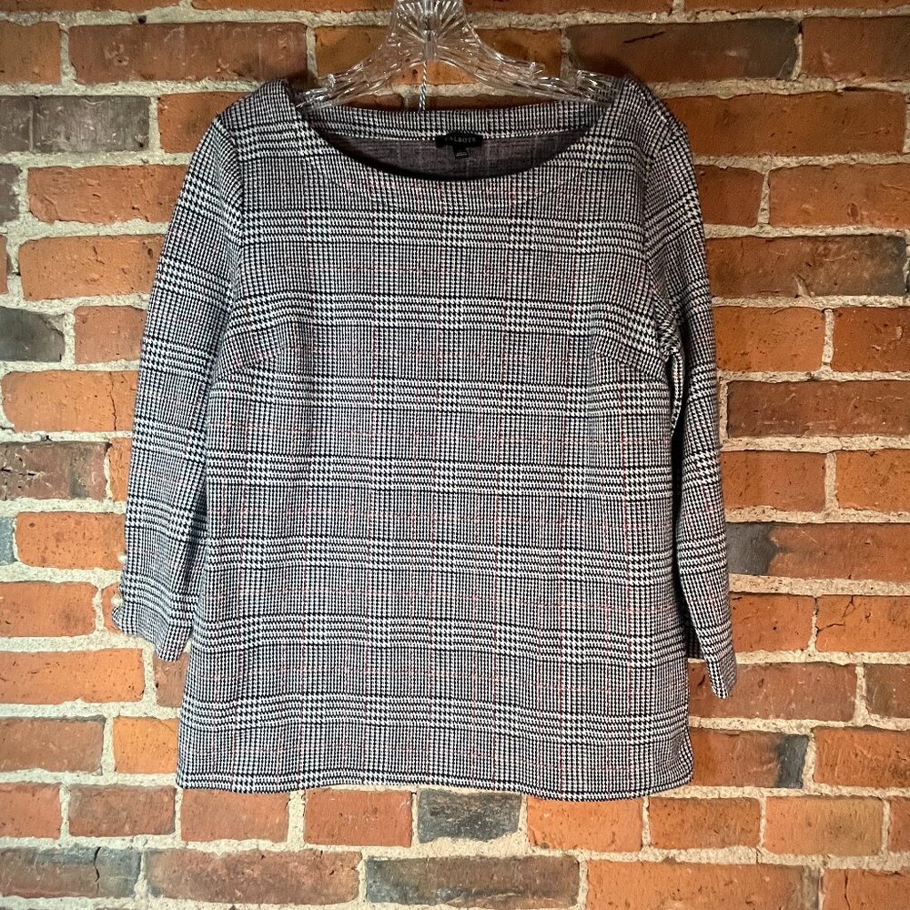 Talbots Womens M Houndstooth Top Black White Red 3/4 Sleeve Stretch Knit Classic